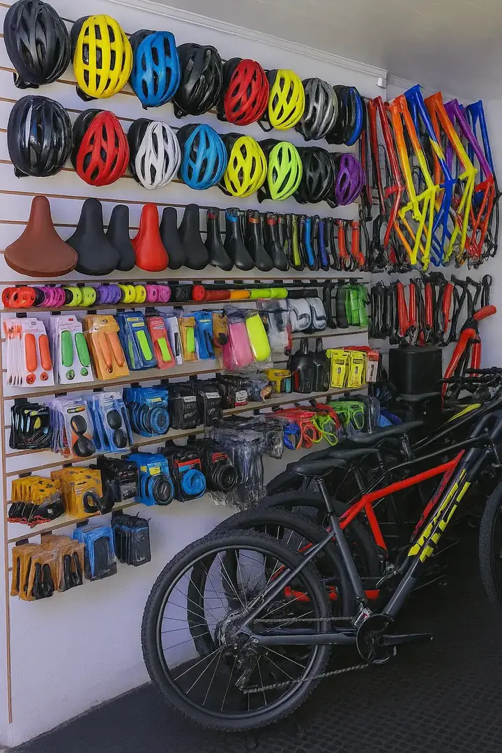 Parede da loja com selins e acessórios coloridos para bicicleta