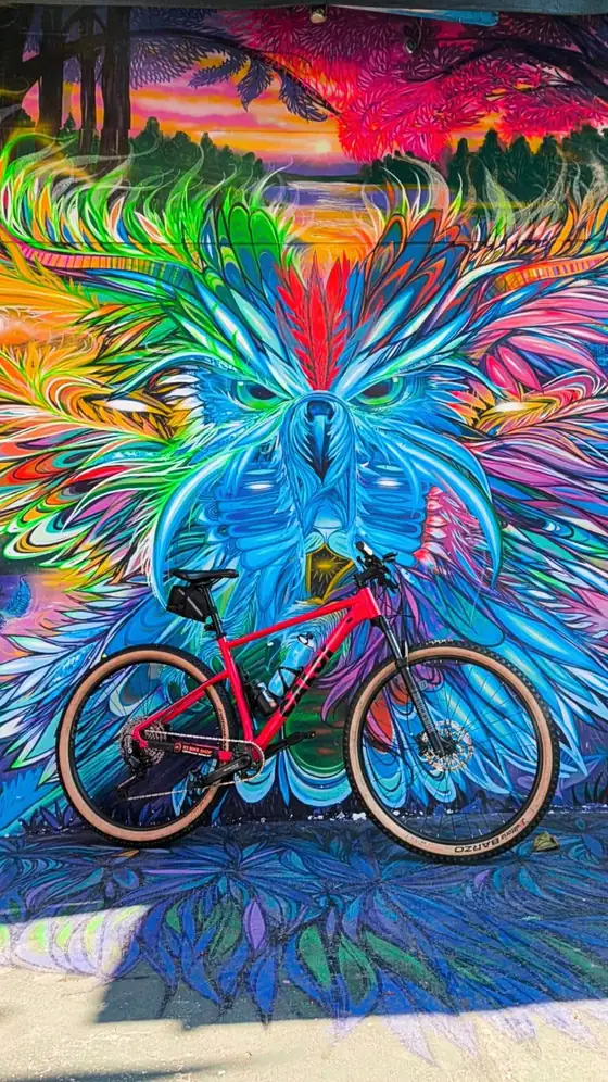 Bicicleta diante do mural colorido pintado na parede
